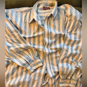 North Crest Men's XXL Blue White Striped Cotton Button-Up Shirt Long Sleeve